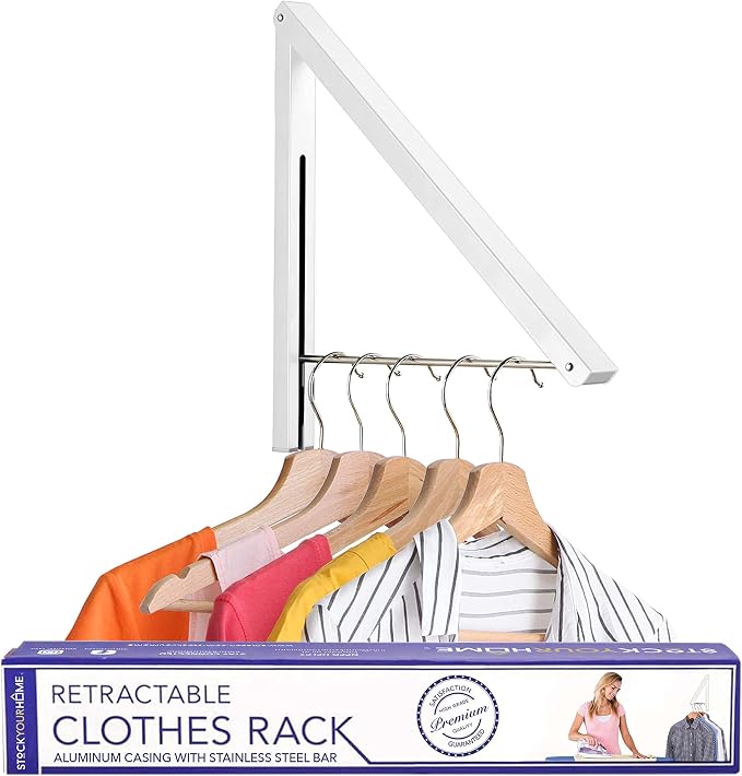 Single Foldable Clothing Rack, Wall-Mounted Retractable Clothes Hanger by StockYourHome