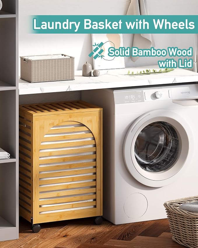Laundry Hamper with Wheels, Laundry Basket with Lid, 22.5Gallon Bamboo Wood - Image 2