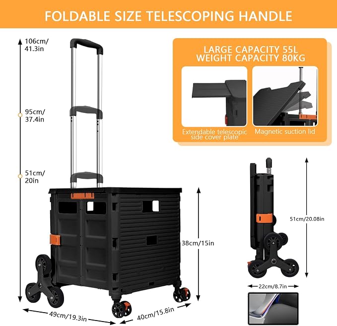 Foldable Utility Cart with Stair Climbing Wheels, Collapsible Rolling Crate - Image 8