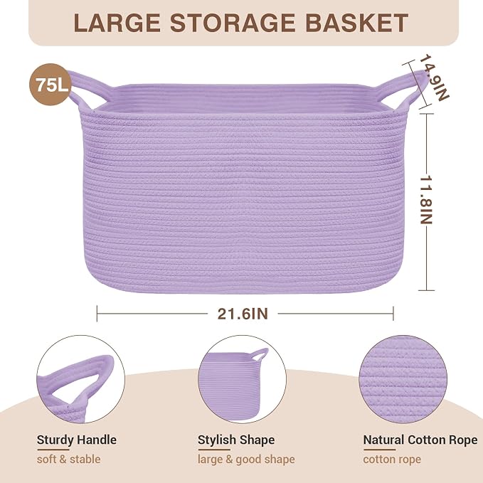 YOUDENOVA Nursery Storage Basket，21.6''×14.9''×11.8'' Rectangle Cotton Rope - Image 2