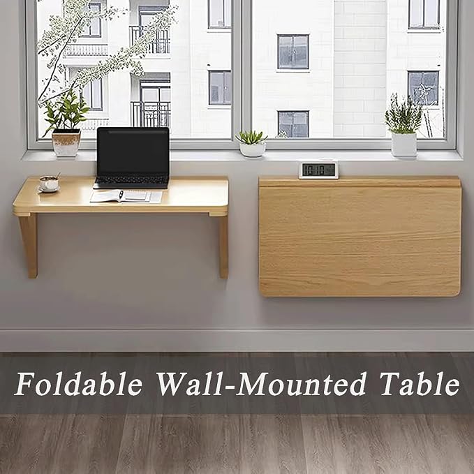 Wall-Mounted Folding Drop-Leaf Table Wood Floating Shelf Computer Desk - Image 2