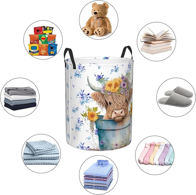 Highland Cow with Blue Floral Laundry Basket, Farm Animal Dirty Clothes Laundry - Image 5