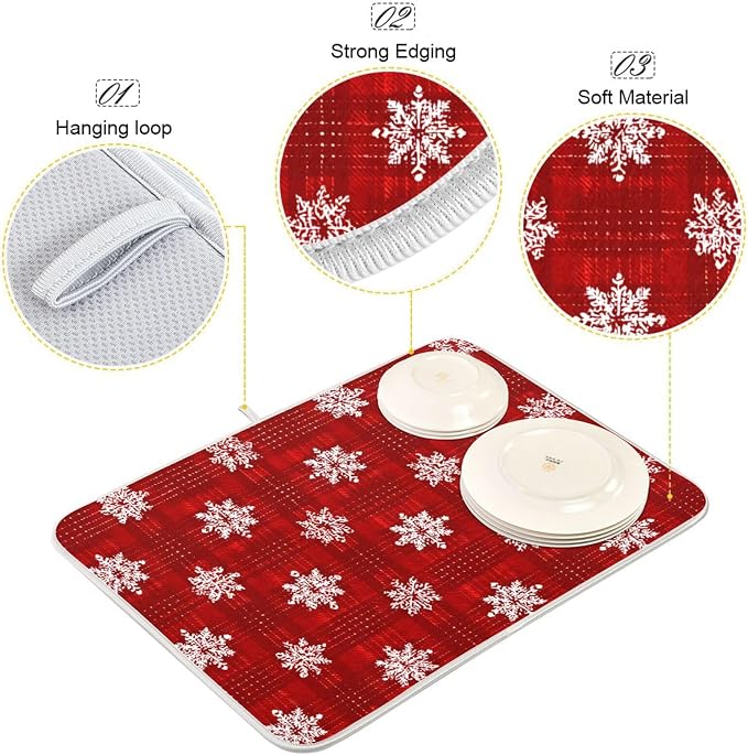 White Snowflake Pattern on Red Dish Drying Mat Super Absorbent Drying Mat 16x18 - Image 4