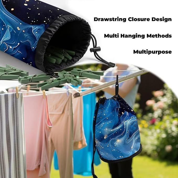 Clothespin Bag Holder Outside, Starry Sky Fluid Pattern Hanging Clothes Pin Bag - Image 6