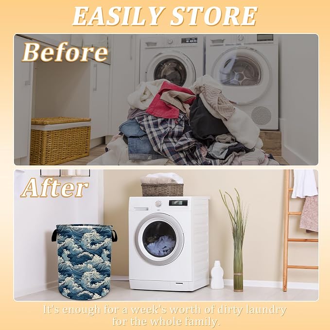 Vintage Sea Wave Laundry Basket, Foldable Waterproof Oxford Cloth Laundry - Image 3