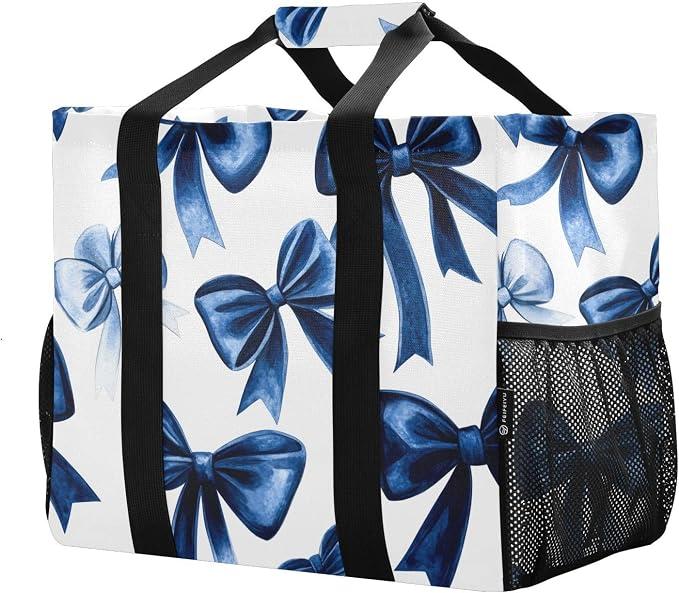 Navy Blue Velvet Bows Reusable Grocery Bags, Polyester Extra Large Foldable - Image 4