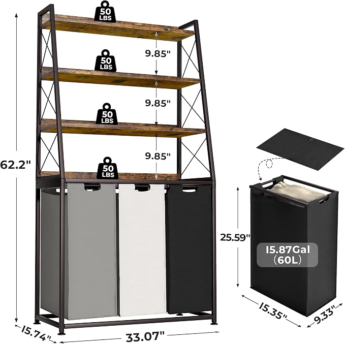 Laundry Basket, 3 Section Laundry Hamper - Image 5