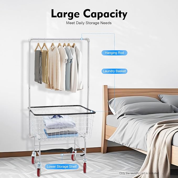 Wire Laundry Cart with Wheels, 1.8 Bushel Heavy-Duty Rolling Laundry Basket - Image 5