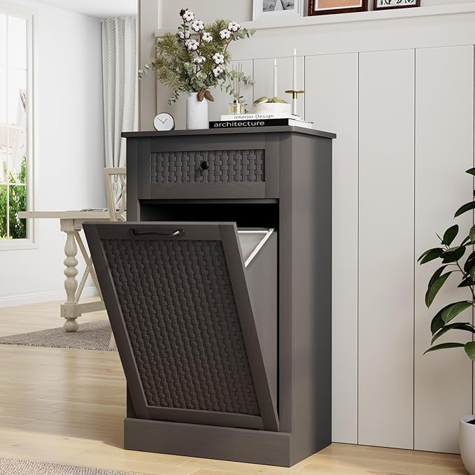 Tilt Out Laundry Hamper Cabinet, Rattan-Style Laundry Room Organization - Image 3