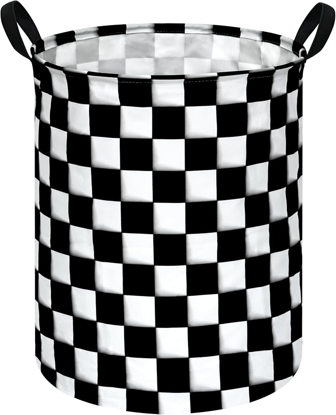 KUNRO Round Black-white Checker Laundry Gift Basket Storage Hamper, Clothes by KUNRO