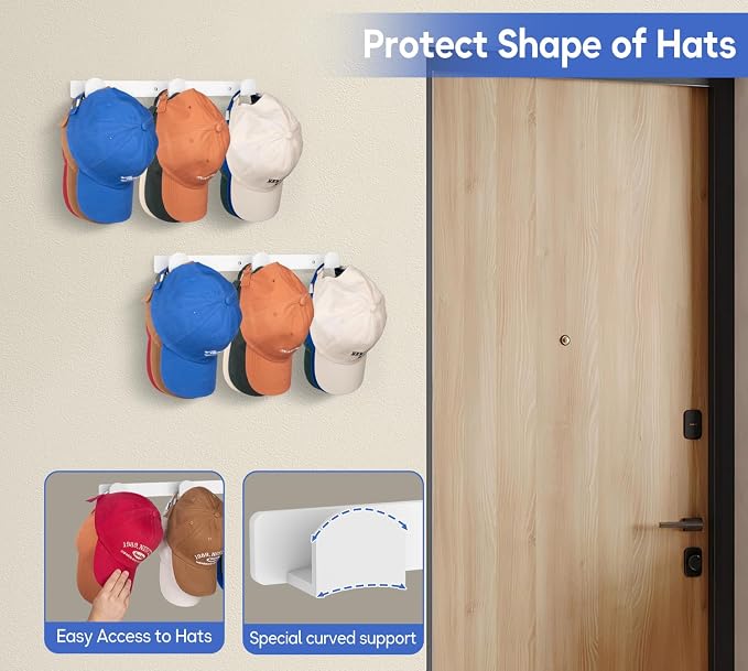 KIMBORA 2 Packs Hat Rack for Wall, Hat Organizer for Baseball Caps, 3 Mounting - Image 5