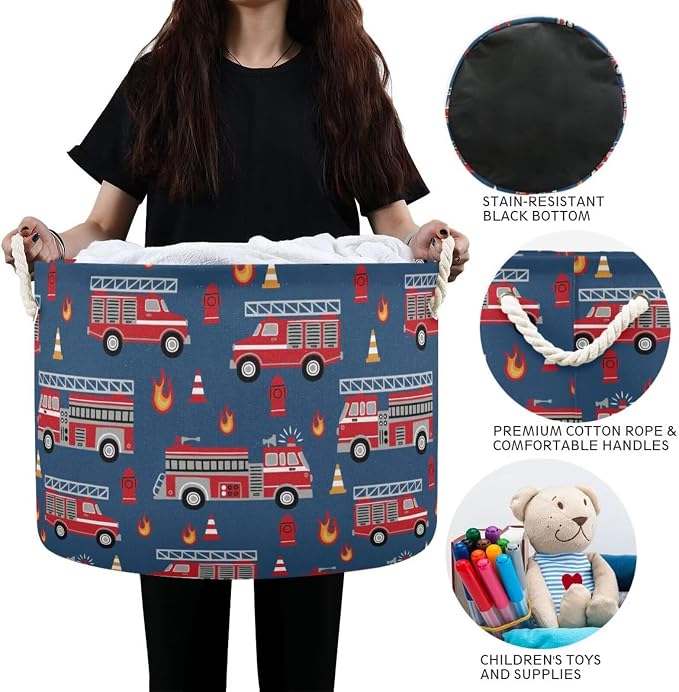 Fire Trucks Print Round Storage Basket Red Fire Fighting Supplies Large Laundry - Image 4
