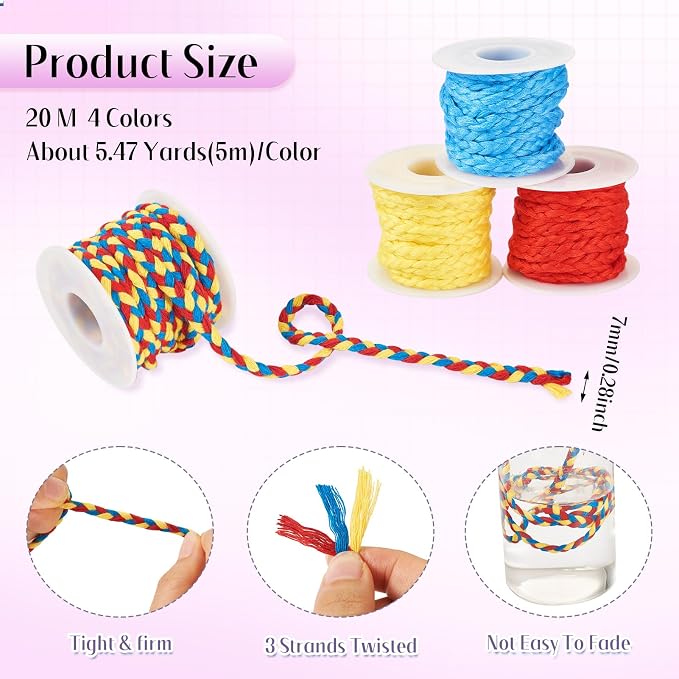 21.8 Yards Rainbow Macrame Cord 7 mm Braided Cord 3-Ply Beading Thread Cord - Image 2