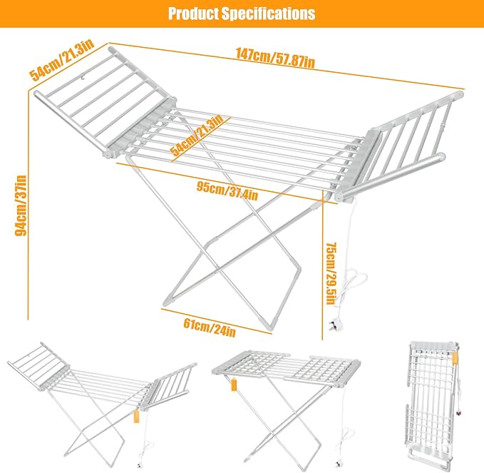 Folding Electric Heated Clothes Drying Rack, Laundry Drying Rack, 45-55℃ - Image 7