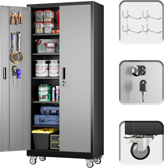 Garage Storage Cabinet with Wheels and Pegboard, Assembly Required by GANGMEIMENTALSTORAGECABINET