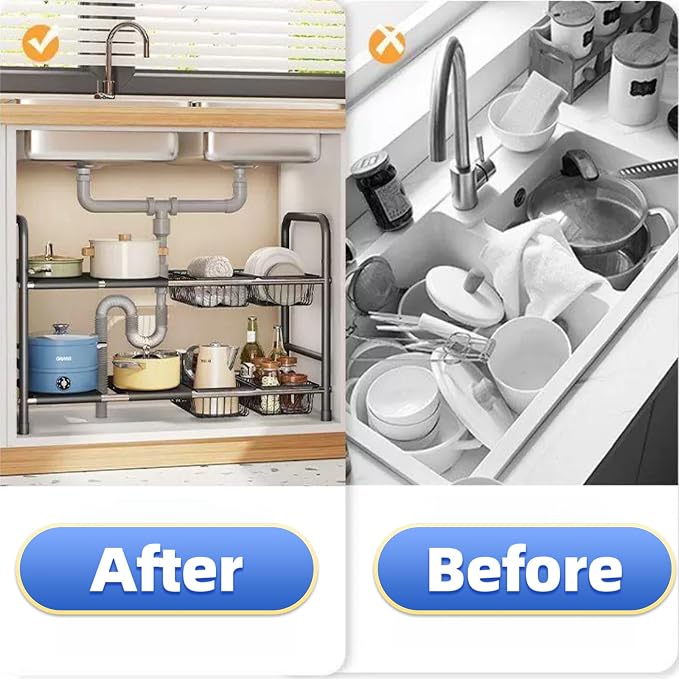 Under Sink Organizer，2 Tier Expandable Heavy Duty Metal Shelf，with 5 Removable - Image 5