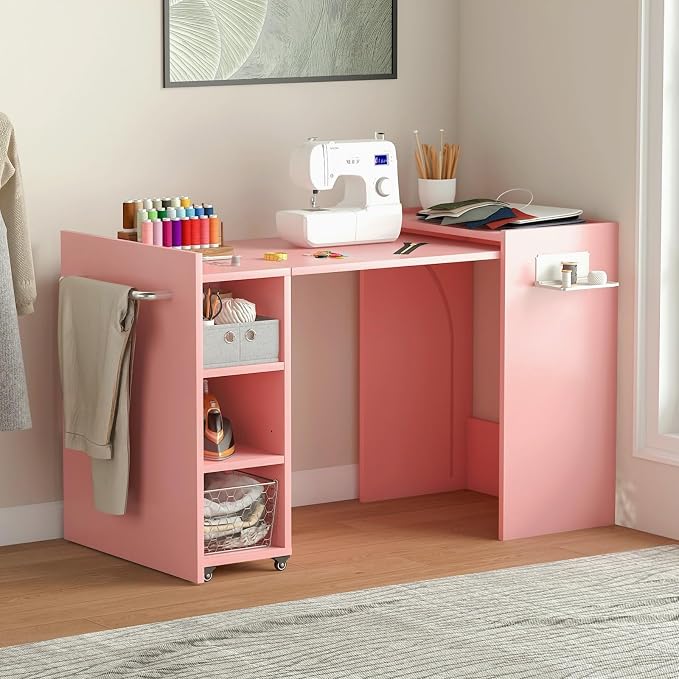Folding Sewing Table, Wall Mount Sewing Machine Cabinet w/ Storage Shelves & by Kikihouse