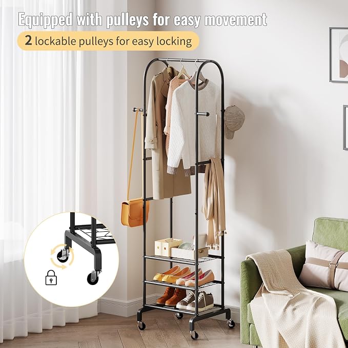 Garment Rack with Wheels, Small Metal Coat Rack With 4 Hooks, Freestanding - Image 6