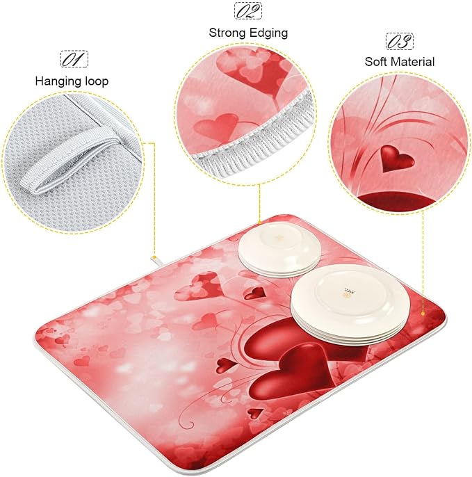 Valentines Red Hearts Dish Drying Mat Absorbent Washable Protector Drying Pad - Image 4
