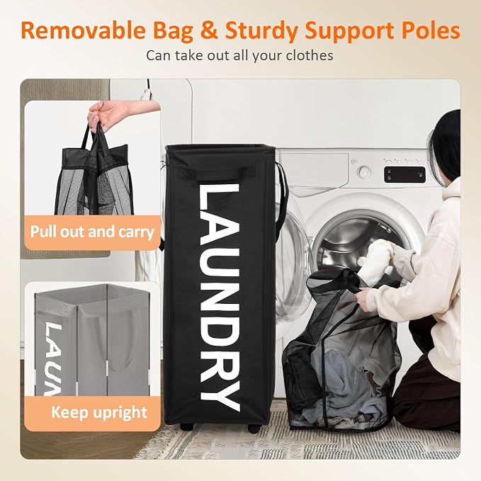2 Pack Laundry Basket with Wheels, 90L Rolling Laundry Hamper with Wheels - Image 5