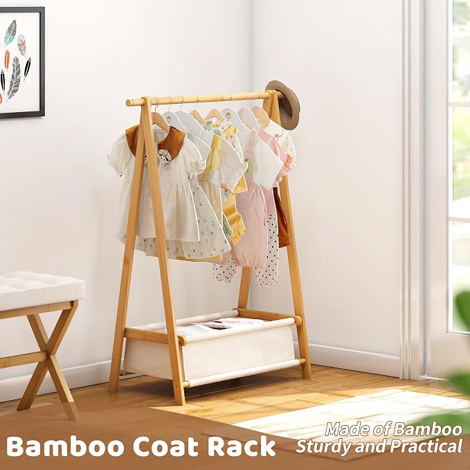 FILWH Bamboo Clothes Rack with Storage Box Foldable Garment Holder Coat Rack - Image 2