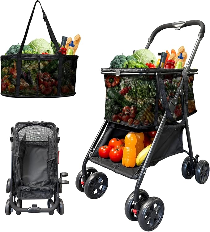 Upgraded Folding Shopping Cart, Detachable Baskets & 360°Swivel Wheels by Unknown