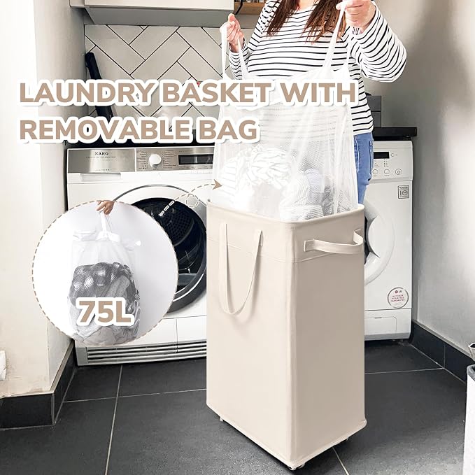 CHICVITA Collapsible Laundry Basket on Wheels 75L, Slim Laundry Hamper - Image 5