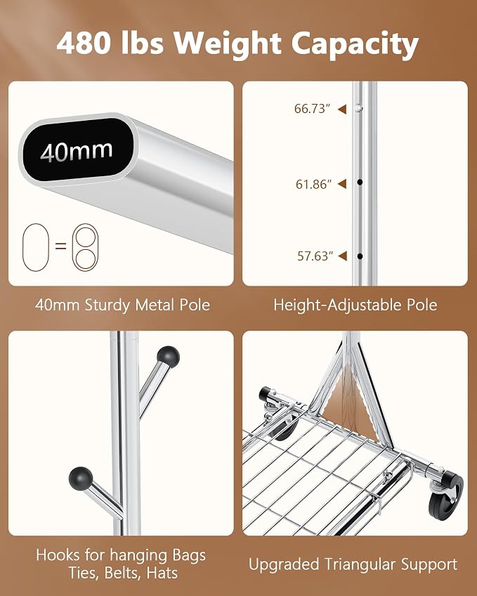 Hoctieon 1-Minute Assembly Clothes Rack, 480 lbs Heavy Duty Rolling Clothing - Image 8