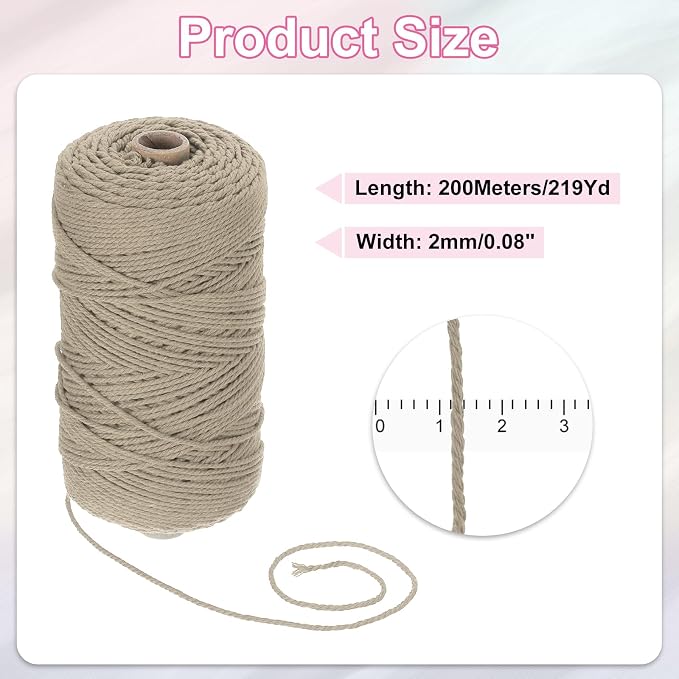HARFINGTON Natural Macrame Cord 2mm x 220 Yards 3 Strand Twisted Cotton Macrame - Image 2