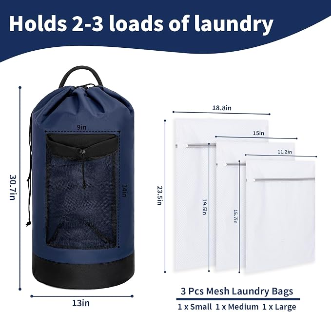 Laundry Bag Backpack with 3 Sizes Mesh Wash Bags and Shoulder Straps Foldable - Image 2