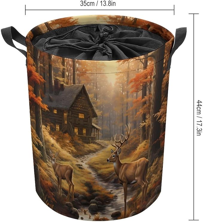 Autumn Forests Deers Round Laundry Bag Collapsible Storage Hamper Basket - Image 2