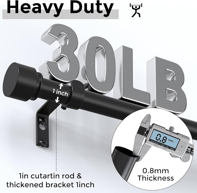 Black Curtain Rods 2 Pack for Windows 28 to 48 Inch, Heavy Duty 1'' Diameter - Image 3