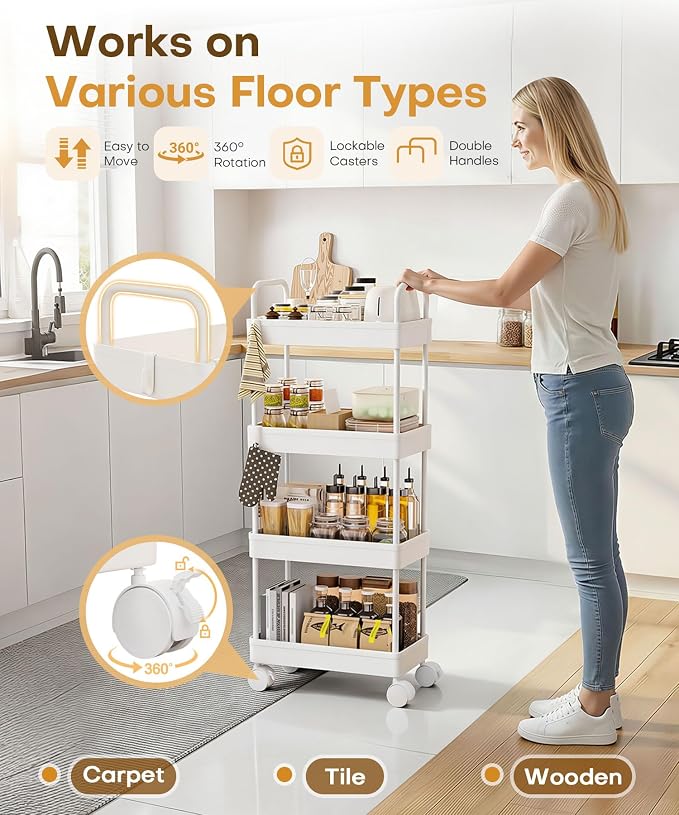 Homde Slim Rolling Cart for Kitchen: 4-Tier Space-Saving Narrow Floor Organizer - Image 5