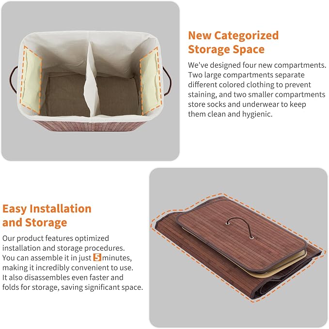 Large Laundry Hamper with Lid, 72l & 104l Capacity, Foldable Bamboo Frame with - Image 4