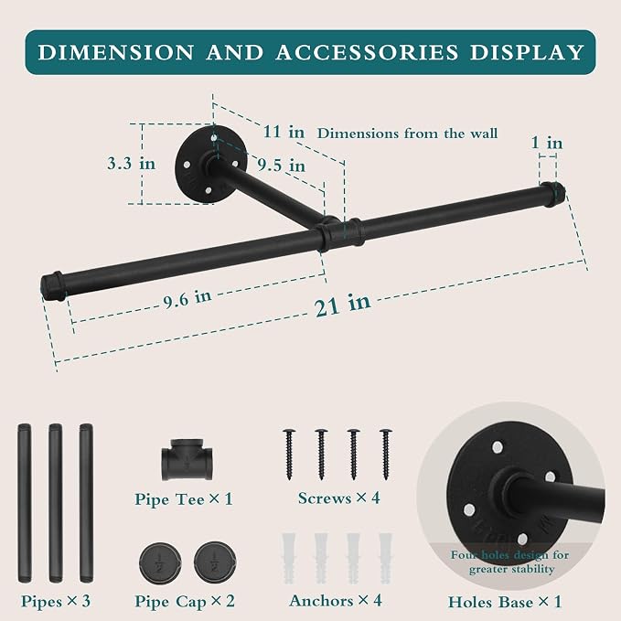 Cast Iron Wall Mounted Clothes Rack, T Shaped Industrial Pipe Clothing Bar - Image 2