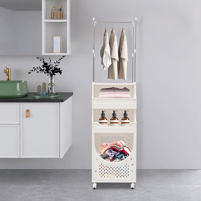 Laundry Basket with Wheels, Laundry Hamper Cart with Hanging Clothes Rack - Image 2