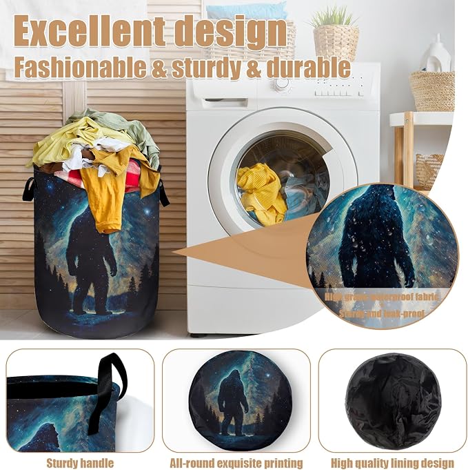 Bigfoot Mountains Laundry Basket, Foldable Waterproof Laundry Hamper Tote Bag - Image 4