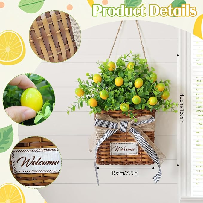 Yellow Lemon Wreath Spring Welcome Door Hanger Basket Wreath, Artificial Spring - Image 2