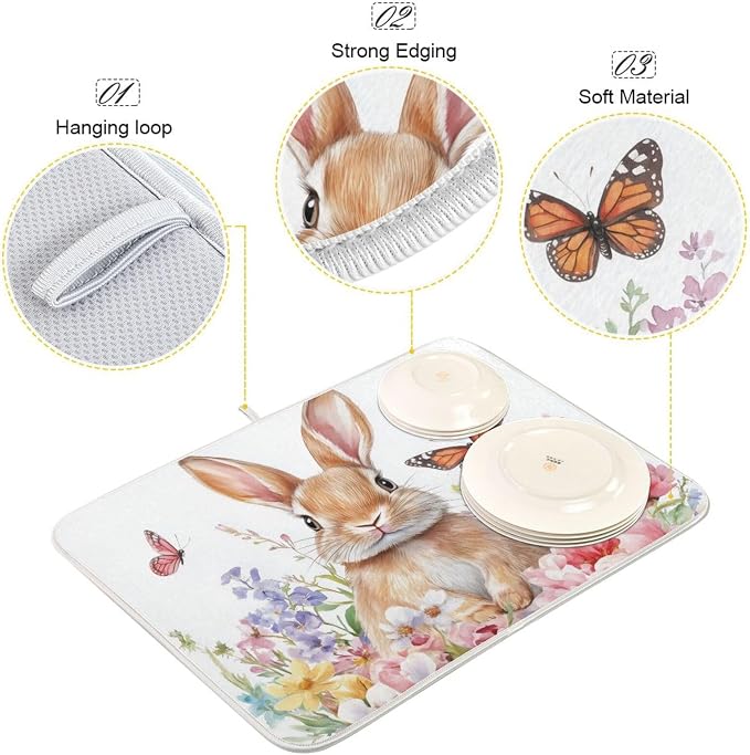 Cute Bunny and Blooming Flowers Dish Drying Mat Super Absorbent Drying Mat - Image 4