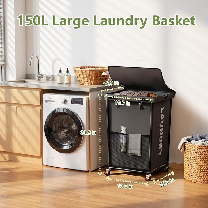 150L Laundry Basket with Wheels, Rolling Laundry Hamper with Cloth Cover - Image 2