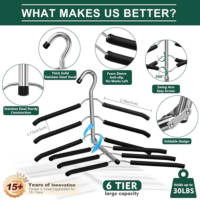 for 3 Pack Space Saving 6 Tier Coat Hangers, Non Slip Foam Padded, Closet - Image 2
