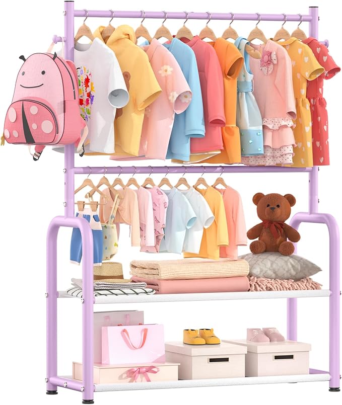 Kids Clothes Rack with 2 Tier Storage Racks and 2 Adjustable Hanging Poles by Unknown