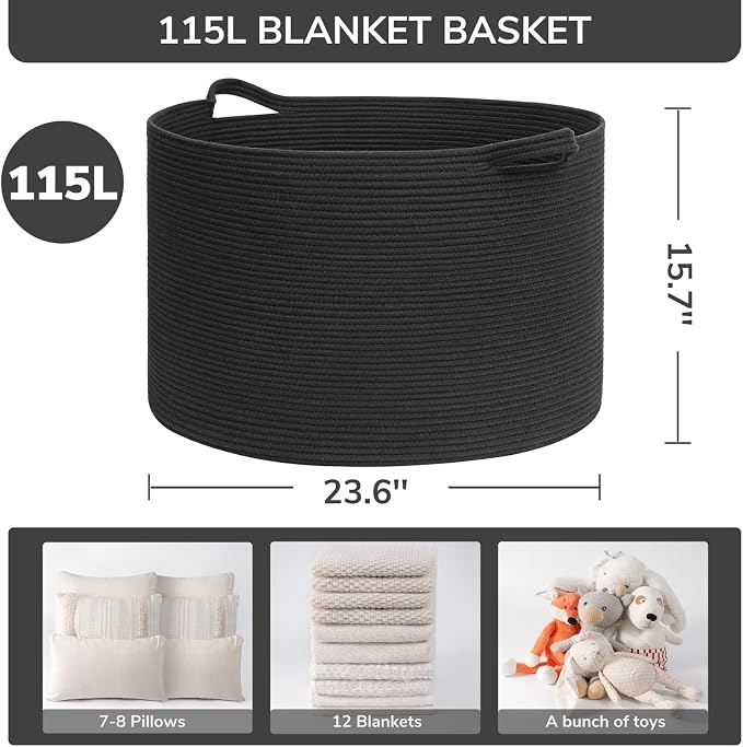 INDRESSME 115L Extra Large Cotton Rope Blanket Basket, Woven Storage - Image 2