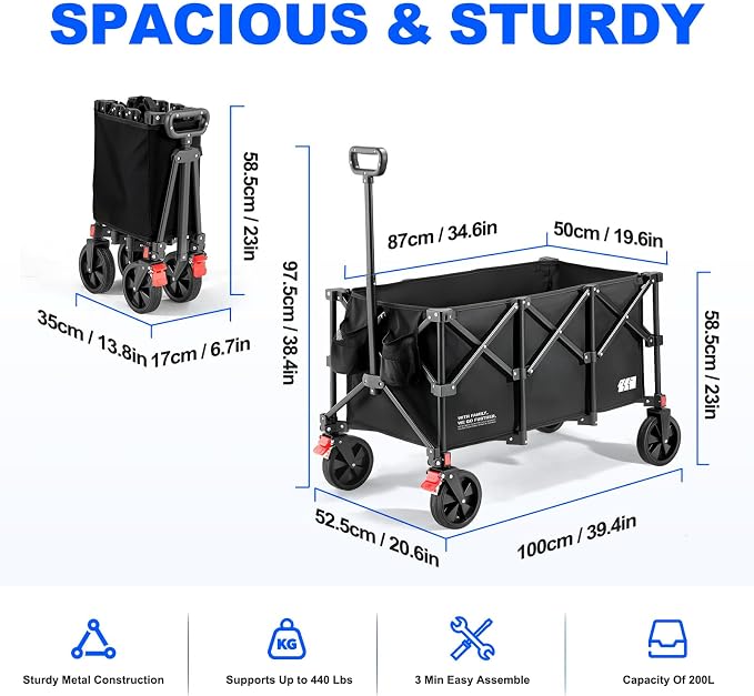 200L Collapsible Foldable Wagon, Large Heavy Duty Wagon Cart - Image 8