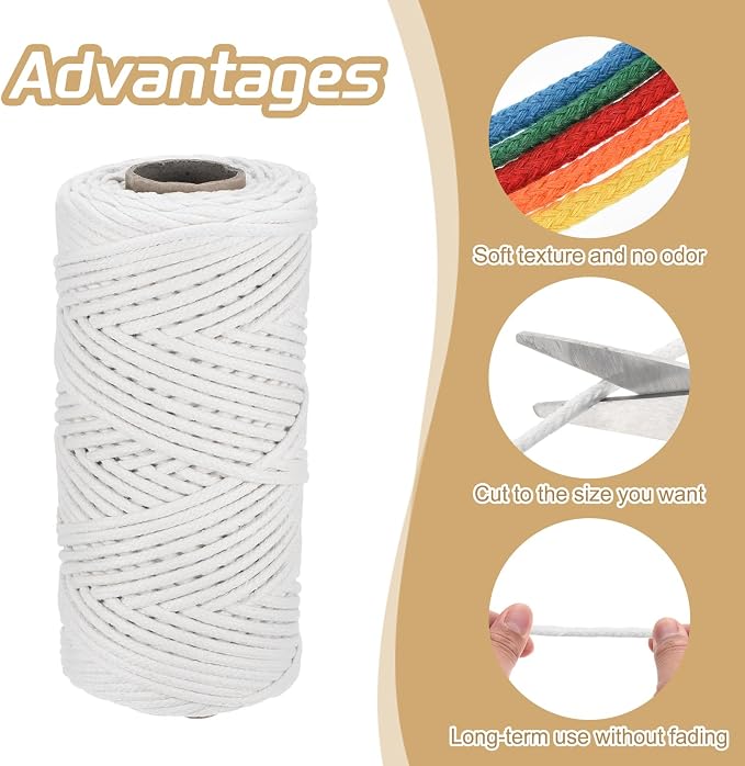 Rebower Macrame Cord 4mm x 109 Yard, Natural Cotton Macrame Rope Twisted - Image 3