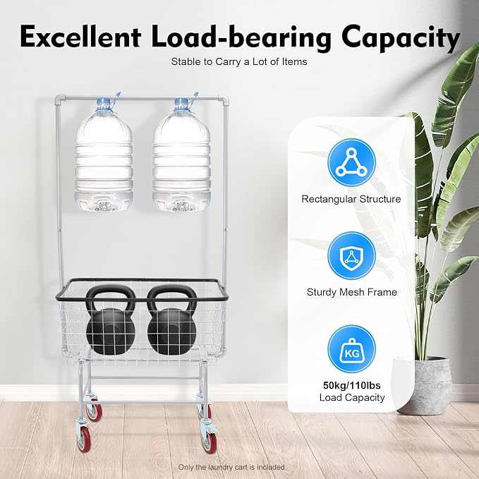 Laundry Cart, 110Lbs Load Capacity Steel Wire Laundry Cart Rectangular Laundry - Image 5
