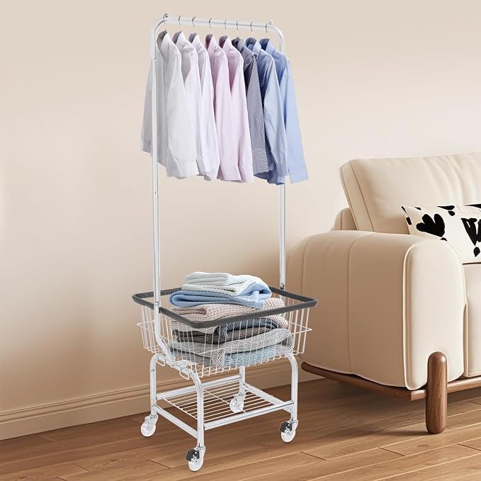 Laundry Cart with Clothes Rack Laundry Basket with Hanging Rack Cart with Extra - Image 3