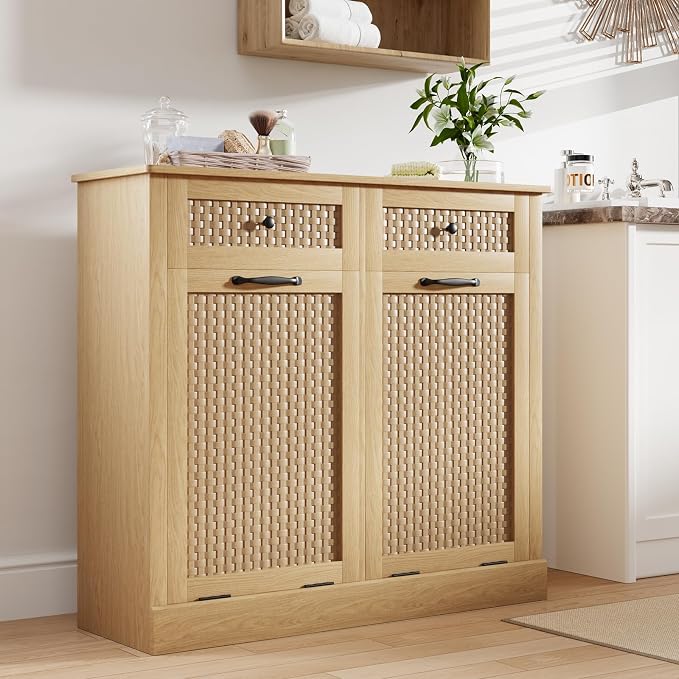 Double Tilt Out Laundry Hamper Cabinet, Rattan-Style Laundry Room Organization - Image 4