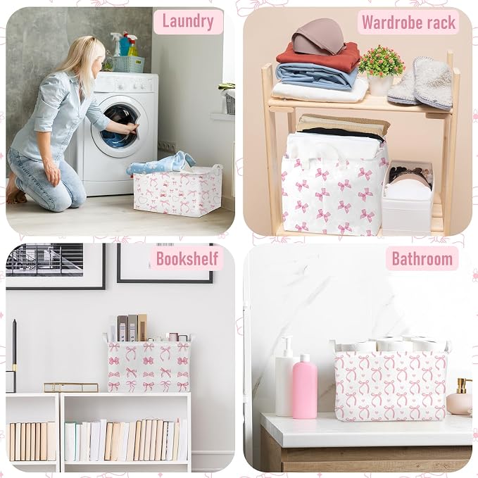 Chunful 4 Pcs Coqutte Pink Bow Storage Baskets Easter Baskets Cute Preppy Pink - Image 6