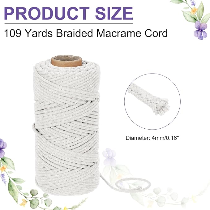 MECCANIXITY Braided Macrame Cord, 4mm x 109 Yards Natural Cotton Rope Macrame - Image 2
